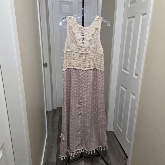 Moni & Co Boho Cotton Blend Midi Dress Crochet Knit Tassel Pink Cream Festival - Picture 6 of 6